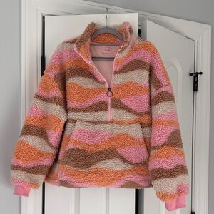 Pink Lily Half Zip Pink and Orange Multi Print Pullover Sherpa- Womens L